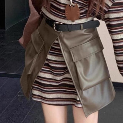 Off-Shoulder Striped Mini Dress with Faux Leather Skirt and Belt Set