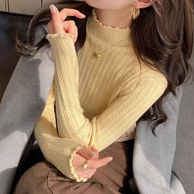 Plain Lettuce-Edge Mock-Neck Long-Sleeved Knit Top