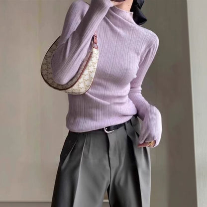 Plain Ribbed Knit Mock-Neck Long-Sleeved Top