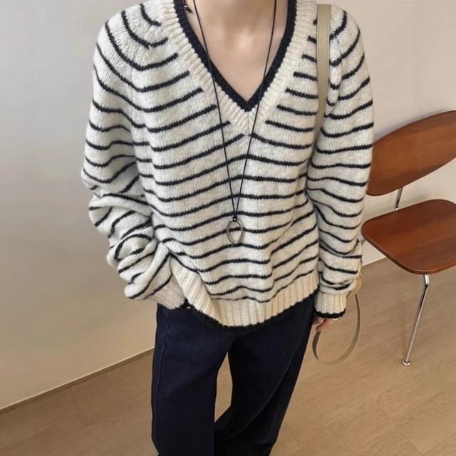 Striped V-Neck Knit Sweater