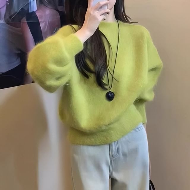 Plain Fluffy Crew-Neck Sweater