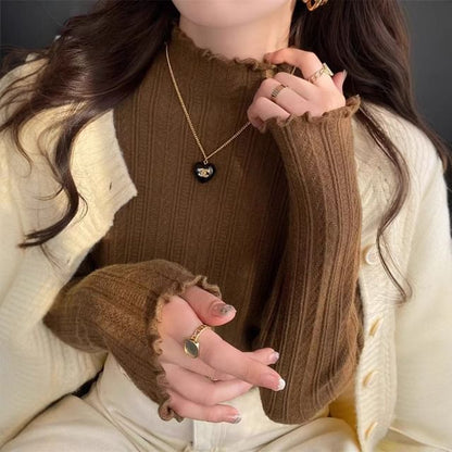 Plain Lettuce-Edge Mock-Neck Long-Sleeved Knit Top