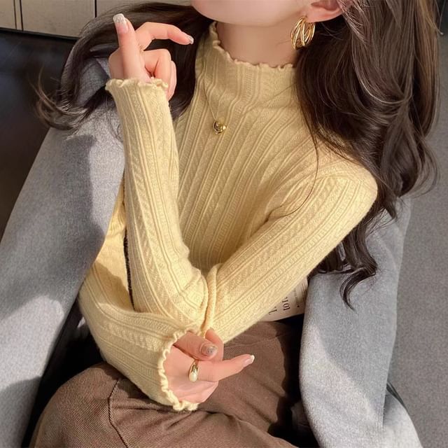 Plain Lettuce-Edge Mock-Neck Long-Sleeved Knit Top