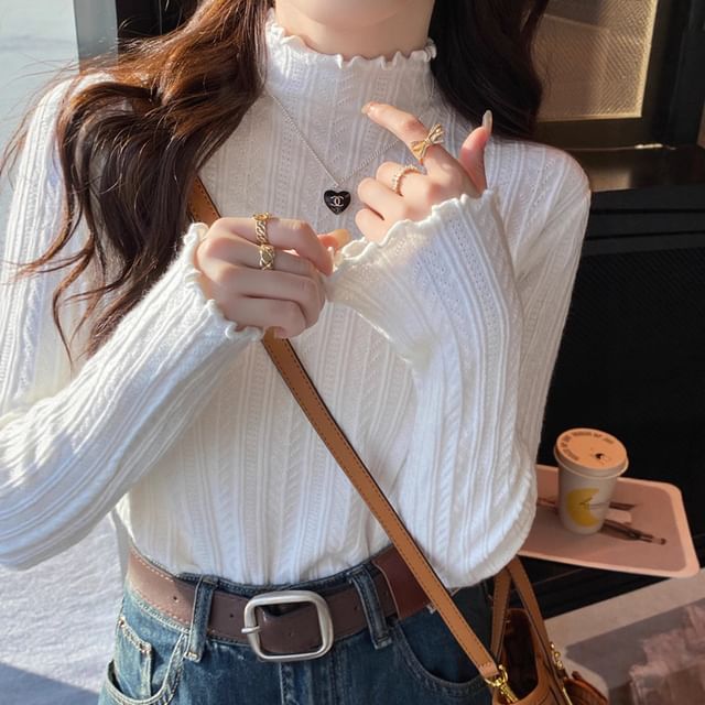 Plain Lettuce-Edge Mock-Neck Long-Sleeved Knit Top