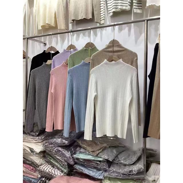 Plain Ribbed Knit Mock-Neck Long-Sleeved Top