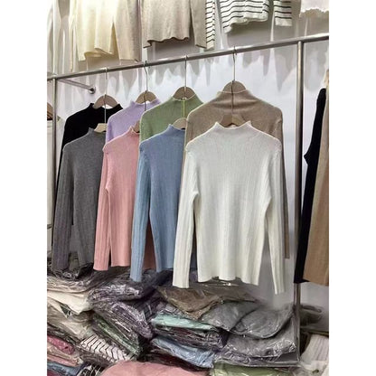 Plain Ribbed Knit Mock-Neck Long-Sleeved Top