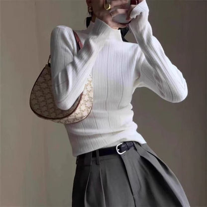Plain Ribbed Knit Mock-Neck Long-Sleeved Top