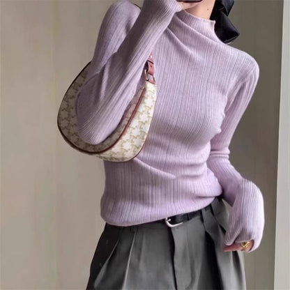 Plain Ribbed Knit Mock-Neck Long-Sleeved Top