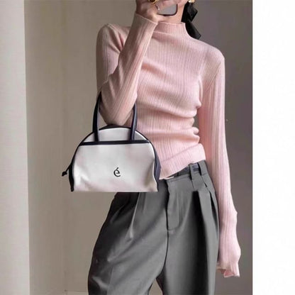 Plain Ribbed Knit Mock-Neck Long-Sleeved Top