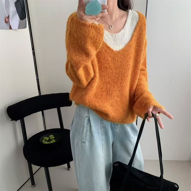 Mock Two-Piece V-Neck Sweater