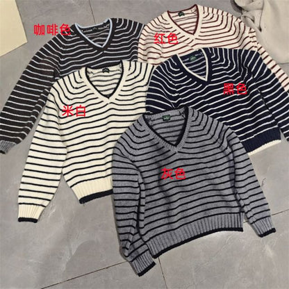 Striped V-Neck Knit Sweater