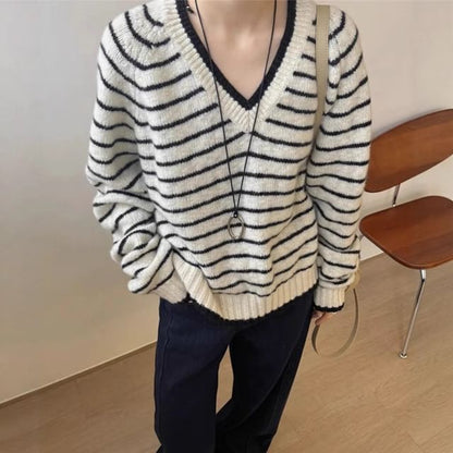 Striped V-Neck Knit Sweater
