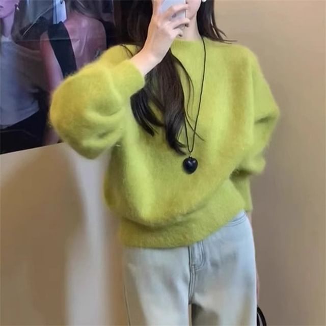 Plain Fluffy Crew-Neck Sweater