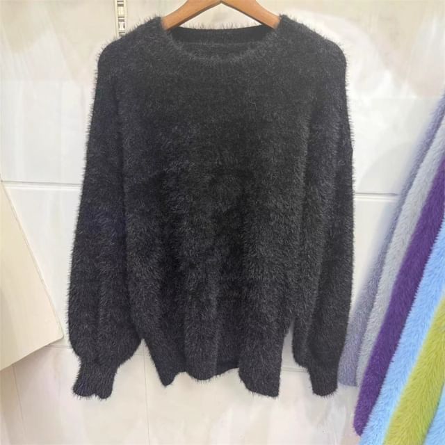 Plain Fluffy Crew-Neck Sweater