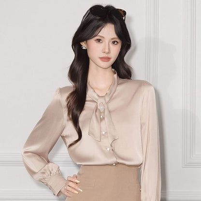 Plain Satin Long-Sleeved Blouse