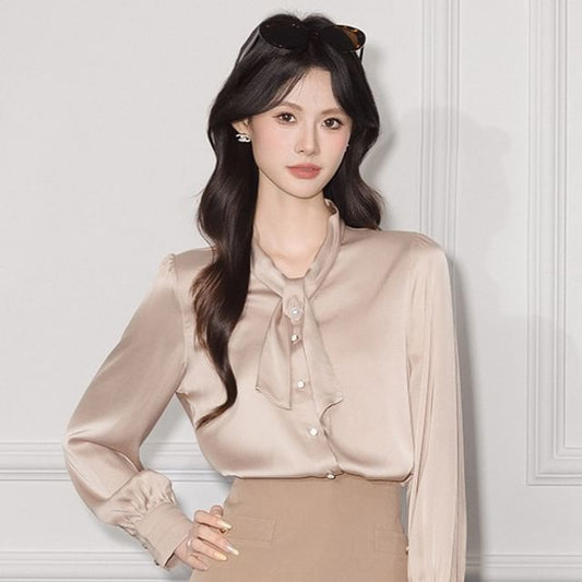 Plain Satin Long-Sleeved Blouse