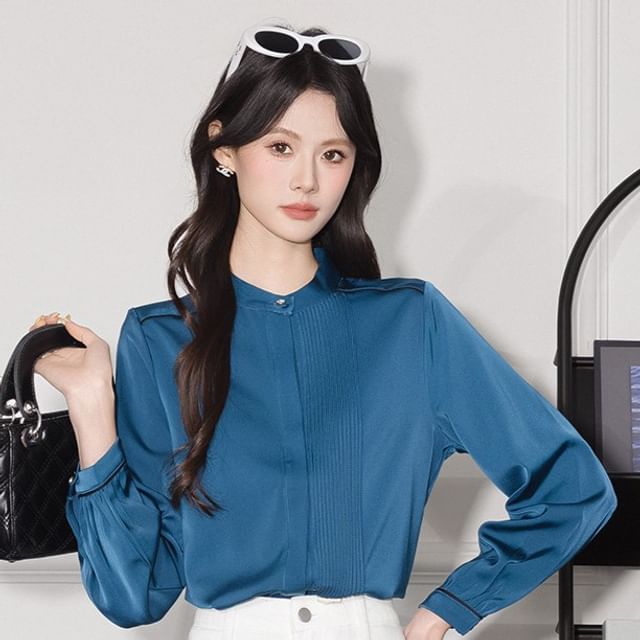 Contrast-Seam Band-Collar Satin Long-Sleeved Blouse