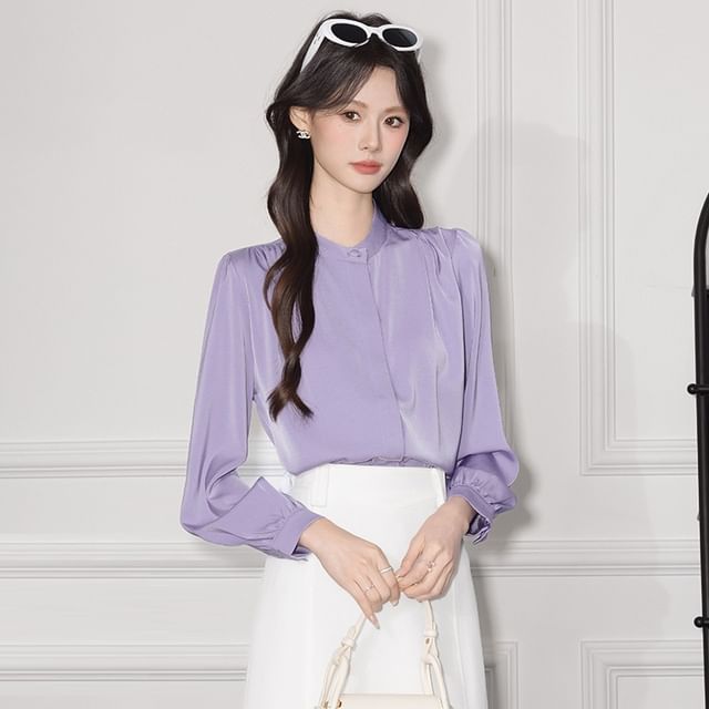 Band-Collar Sleeved Plain Casual Blouse