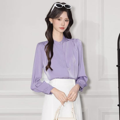 Band-Collar Sleeved Plain Casual Blouse