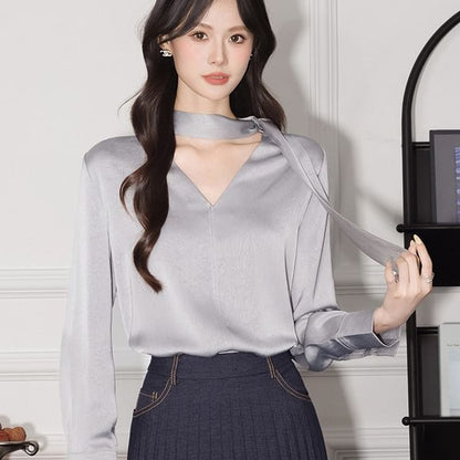 Plain V-Neck Tie-Up Satin Long-Sleeved Blouse