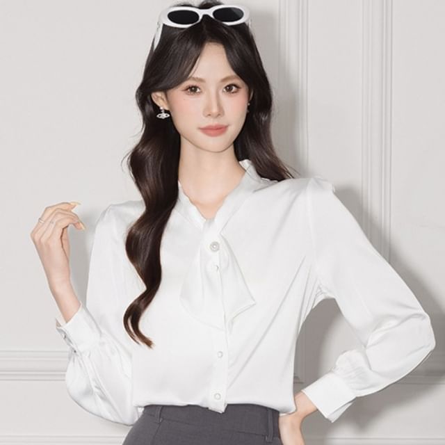 Plain Satin Long-Sleeved Blouse