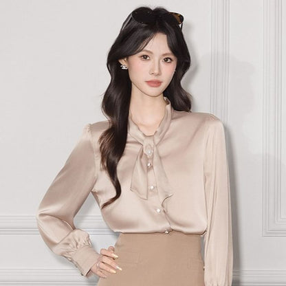 Plain Satin Long-Sleeved Blouse