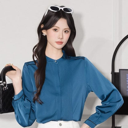 Contrast-Seam Band-Collar Satin Long-Sleeved Blouse
