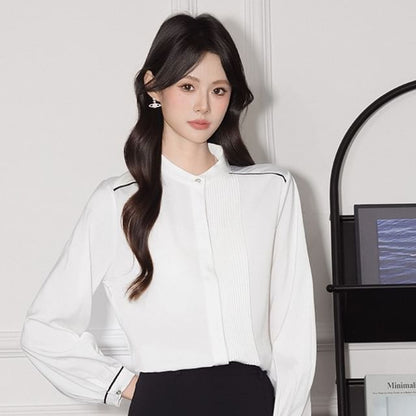 Contrast-Seam Band-Collar Satin Long-Sleeved Blouse