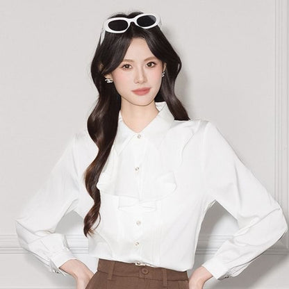 Plain Ruffle Satin Collared Long-Sleeved Blouse