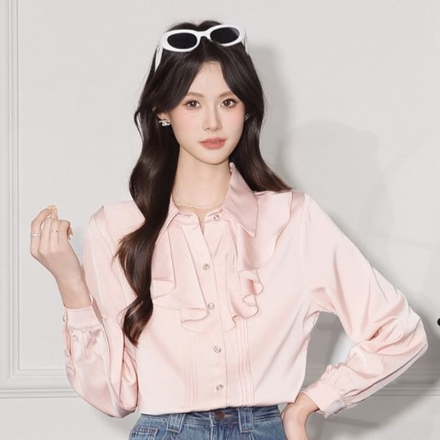 Plain Ruffle Satin Collared Long-Sleeved Blouse