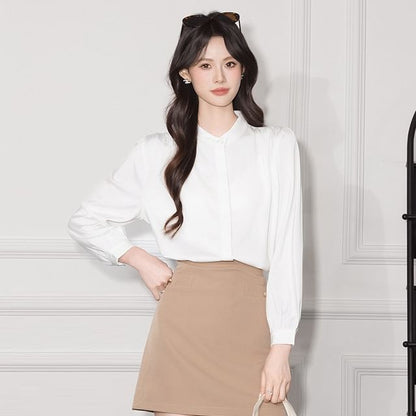Band-Collar Sleeved Plain Casual Blouse