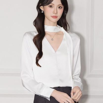 Plain V-Neck Tie-Up Satin Long-Sleeved Blouse
