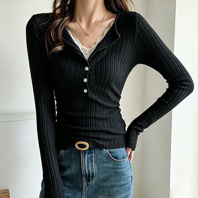 Lace-Paneled Ribbed Slim Sleeved Henley Tee