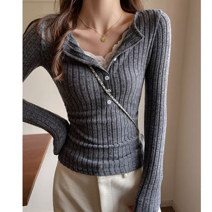Lace-Paneled Ribbed Slim Sleeved Henley Tee