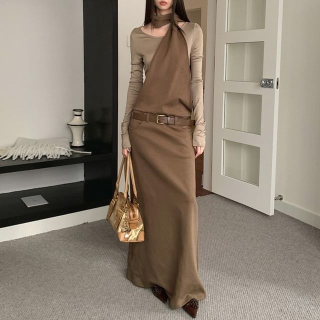 Set: Mock Two-Piece Long-Sleeve Maxi A-Line Dress + Belt