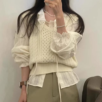 Sleeved Basic Shirt & V-Neck Knit Sweater Vest