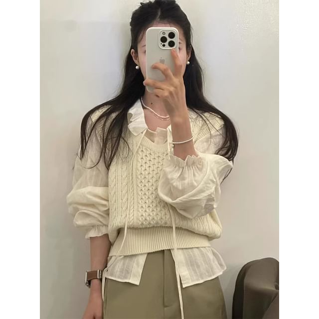 Sleeved Basic Shirt & V-Neck Knit Sweater Vest