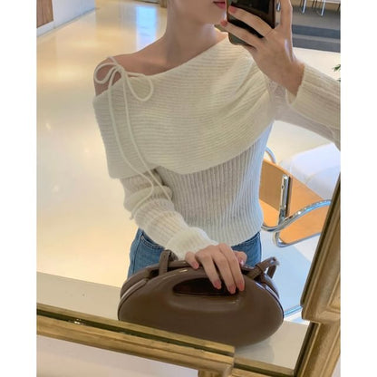 Plain Off-Shoulder Long-Sleeved Knit Top