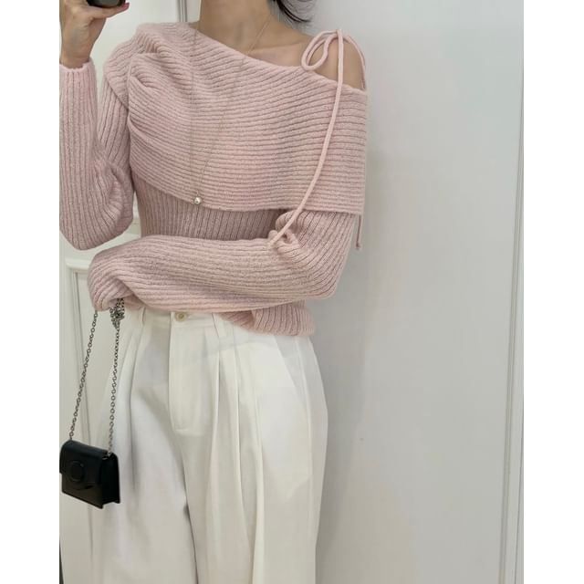 Plain Off-Shoulder Long-Sleeved Knit Top