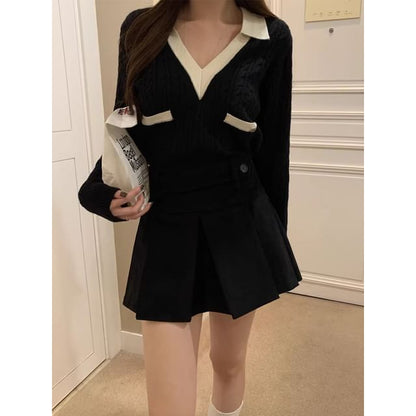 Two-Tone Cable-Knit V-Neck Long-Sleeved Polo Top