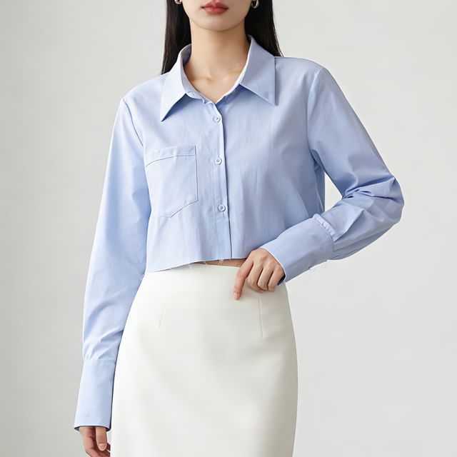 Collared Buttoned Cropped Plain Sleeved Shirt
