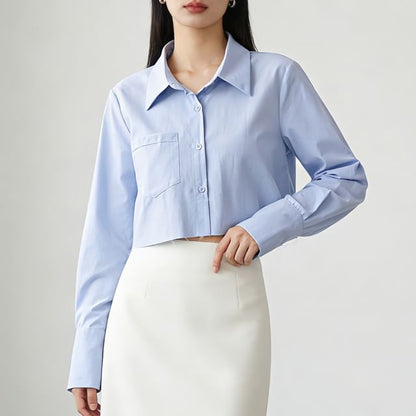 Collared Buttoned Cropped Plain Sleeved Shirt