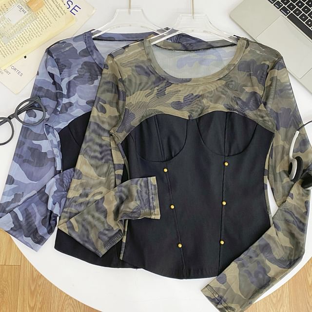 Round-Neck Sleeved Sheer-Paneled Top