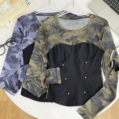 Round-Neck Sleeved Sheer-Paneled Top