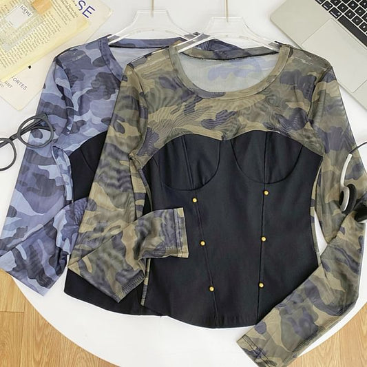 Round-Neck Sleeved Sheer-Paneled Top