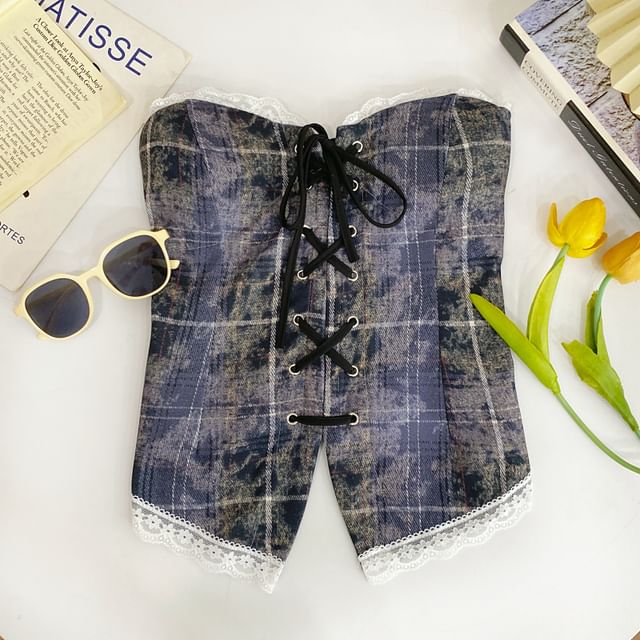 Plaid Lace-Trimmed Strapless Tube Top