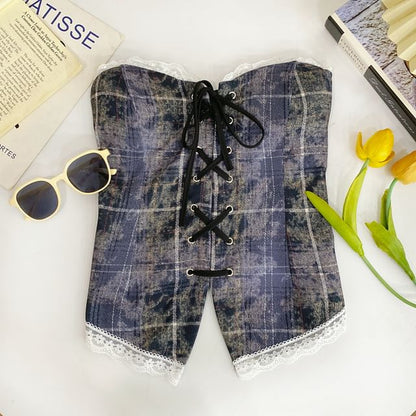 Plaid Lace-Trimmed Strapless Tube Top
