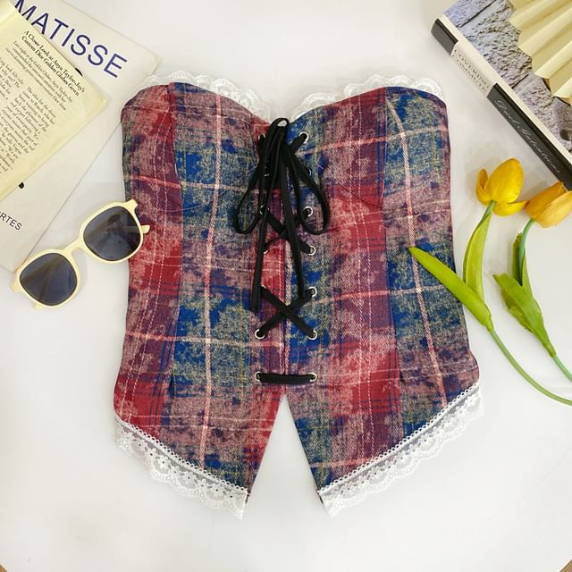Plaid Lace-Trimmed Strapless Tube Top