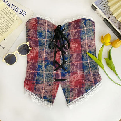 Plaid Lace-Trimmed Strapless Tube Top