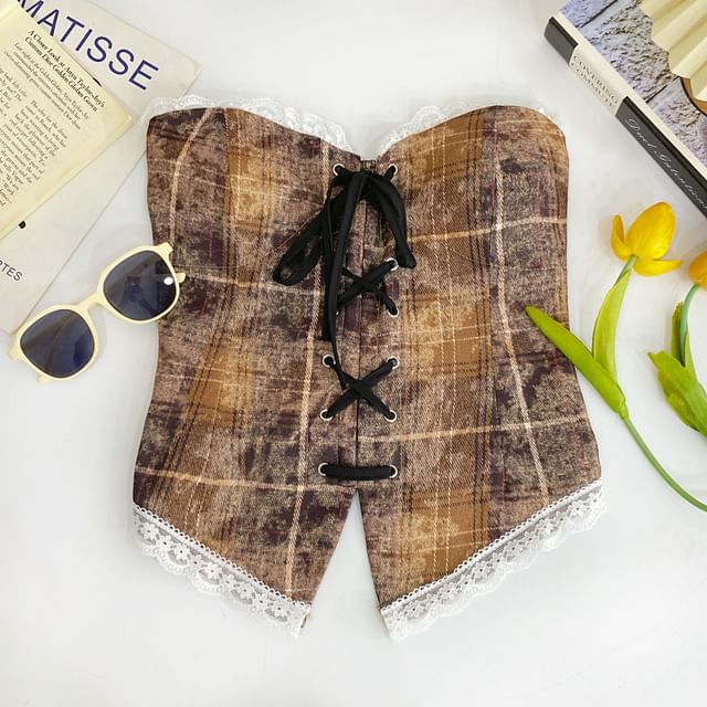 Plaid Lace-Trimmed Strapless Tube Top